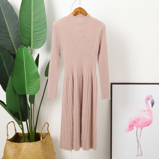 Caramel Colour Knitted Bottoming Shirt Mink Sweater Long Sleeve O-Neck Pullover Winter Long Dress