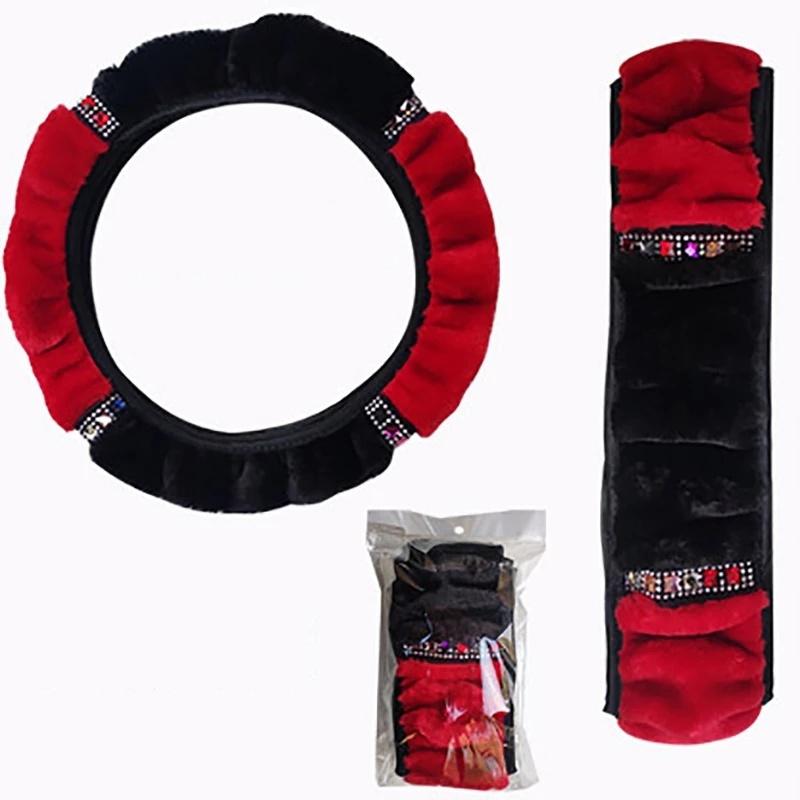 Universal Car Steering Wheel Cover Set 37-38cm Diameter Soft Plush Rhinestone Interior Trim Family Car SUV Pickup Accessories