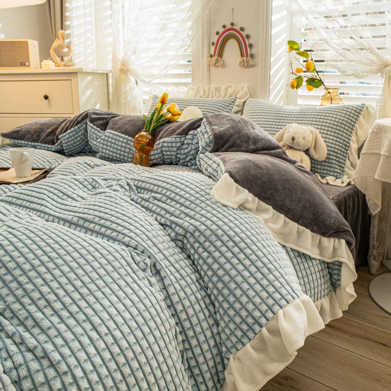 4pcs/set Winter Milk Velvet Princess Wind Bed Skirt Plus Velvet Thick Ruffled Quilt Cover Korean Bedding