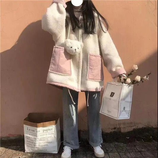 Lamb Fur Lapel Double-sided Cotton Jacket Female Student Korean Version Loose College Style Thick Cotton Jacket