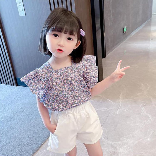 2PCS Children Clothing Set Summer Girls Girls' Floral Suit Thin Flying Sleeve T-shirt Shorts Korean Two Piece Set