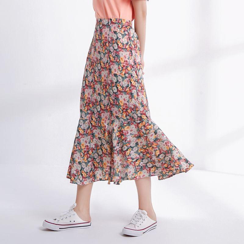 Skirt Chiffon High Waist Thin Lotus Leaf Flowers Mid-length Irregular Fishtail Skirt