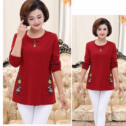 Women's Spring and Autumn Bottoming Shirt Long-sleeved Mothers Wear T-shirt Tops Small Shirts To Keep Warm and Fleece Autumn