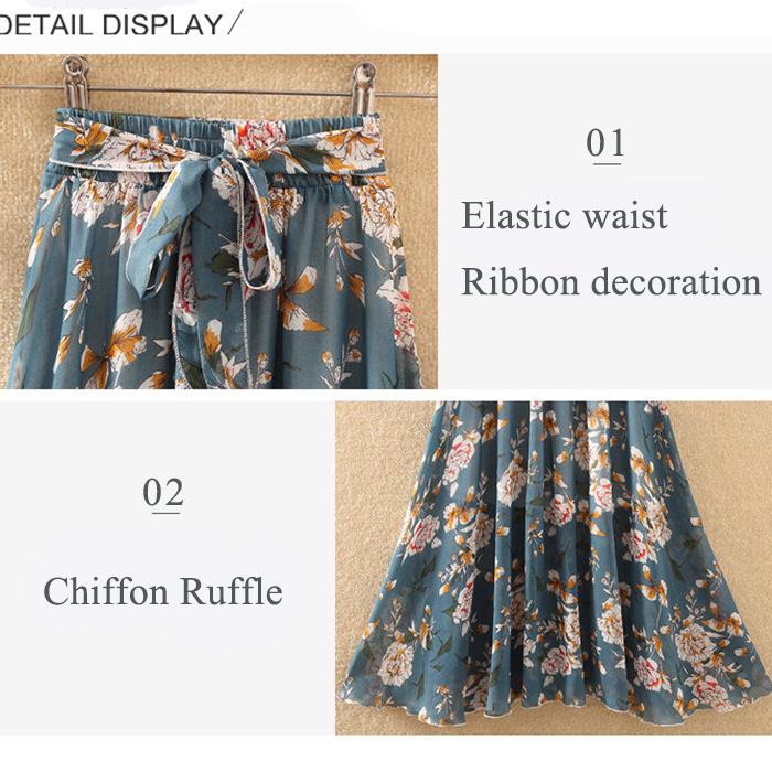 A-line Draping Ruffled Skirt Chiffon Skirt Pleated Floral Skirt Summer Women's High Waist Long Skirt