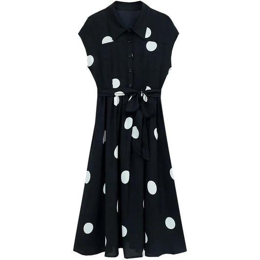 Women's Summer Dress Temperament Waist Was Thin Polka Dot Sleeveless Long Skirt Shirt-style Long Ladies Dress A-line Version Sleeveless Dress