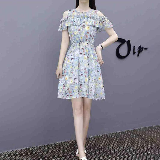 Chiffon Dress Women's Waist Slimming Strapless Skirt One-shoulder Floral Skirt A-line Dress Floral Short Skirt Fabric Lightweight and Breathable