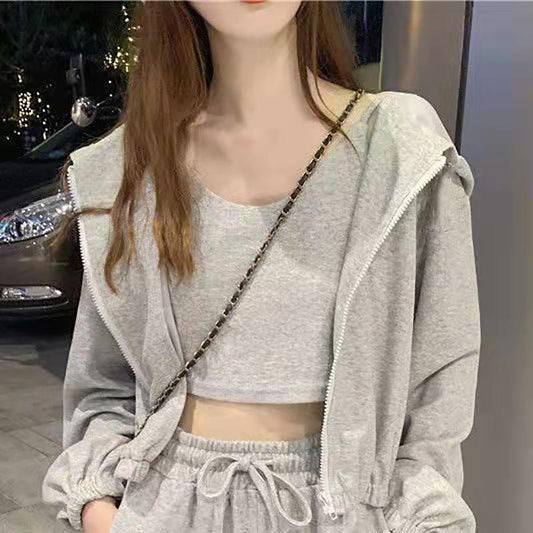 3PCS Women's Spring and Autumn Casual Suit Korean Loose Sports Suit Ladies Vest + Hooded Cardigan + Jogging Pants Fitness Three-piece Suit