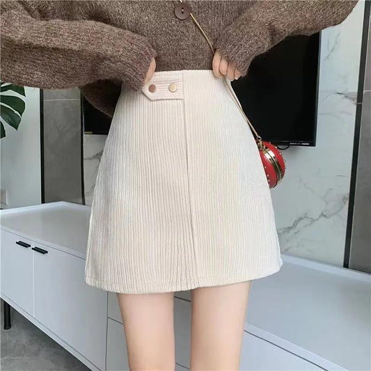 Corduroy Plus Velvet Thickening Autumn and Winter High Waist Skirt Female Apricot All-match Thin Skirt Trend