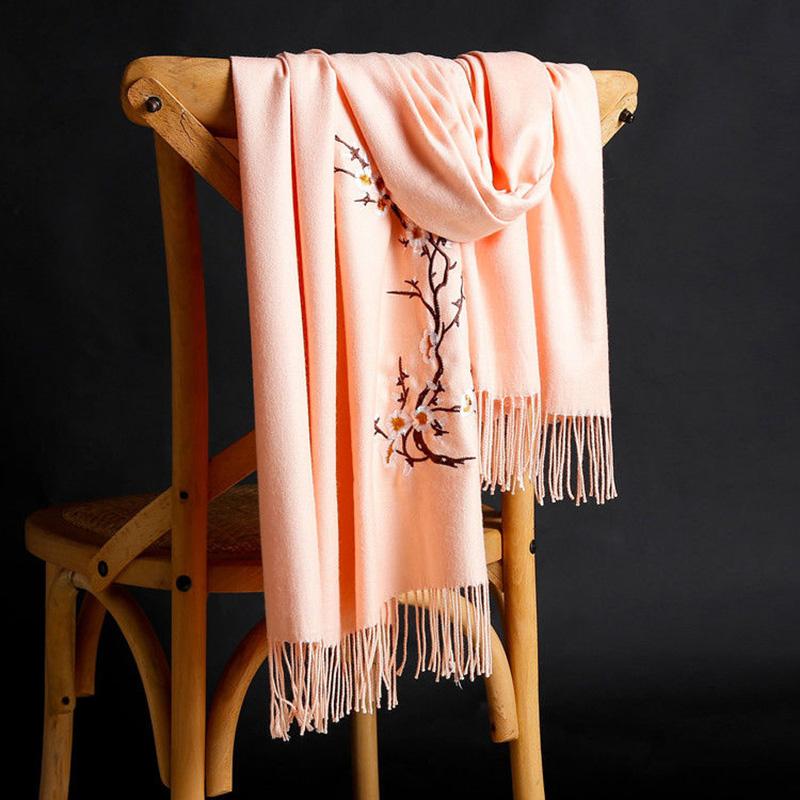 Pure Color Imitation Cashmere Embroidered Scarf Mid-length Ladies Ethnic Style Tassel Shawl Warm Scarf Soft Fabric Women's Shawl