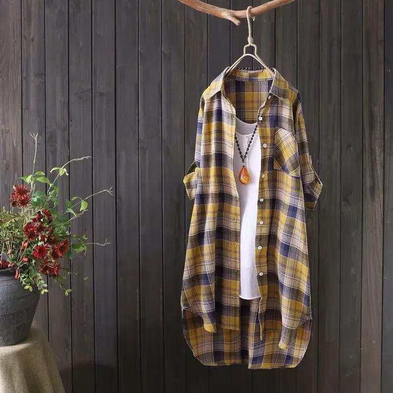 Casual Plaid Shirt Women's Mid-length Loose Cotton Shirt Long-sleeved Shirt Women's Fabric Comfortable and Breathable