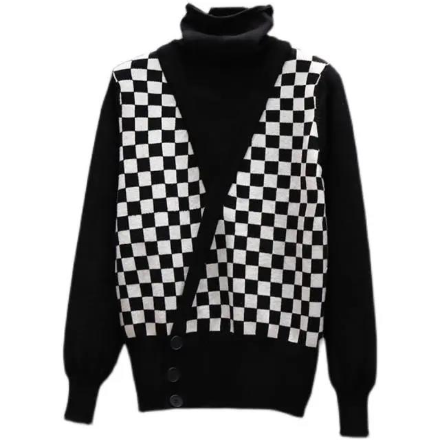 Women's Fashion Checkerboard Two-Piece Sweater High Neck Thickened Mid-Length Knit Sweater Loose Large Size Sweater