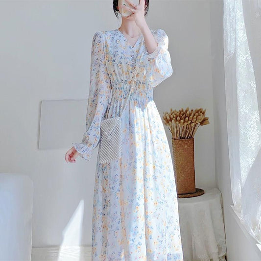Sweet and Lovely Gentle Style Long Sleeve Long Skirt V-neck Chiffon Floral Dress Elegant Temperament Chiffon Fabric Light and Breathable