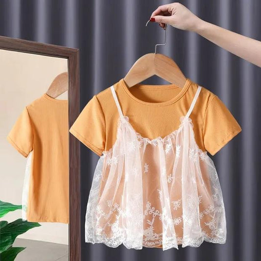 Cotton Girl Fake Two Summer T -shirts Female Baby Children's Children's Clothing Lace Wild Short Sleeve Top