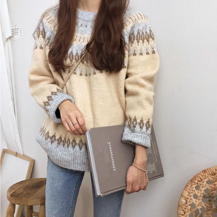 Autumn Winter Nordic Vintage Printed Sweater Thickened Rhombus Woven Jacquard Sweater Loose Knit Sweater Outer Wear