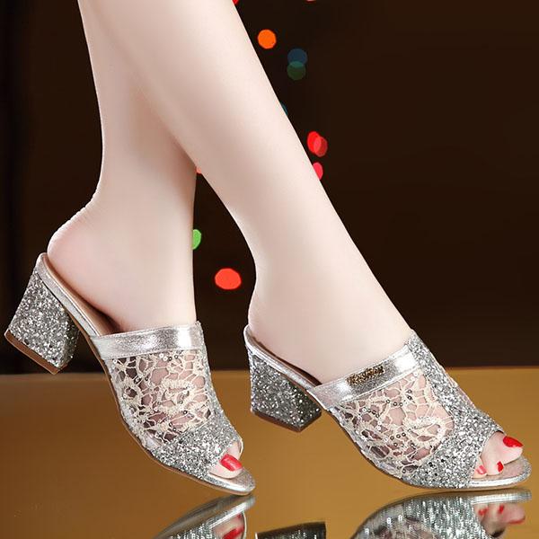 Spring All-match Sandals Women's Thick-heeled High-heeled Mesh Slippers Office Ladies Breathable Summer Fish Mouth Slippers