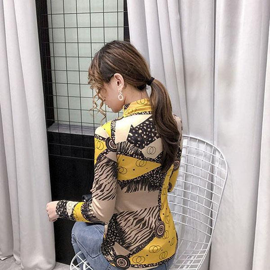 Spring and Autumn Slim Print High Neck Long Sleeve Tops Women's Large Size Stretchy Casual Bottoming Shirts
