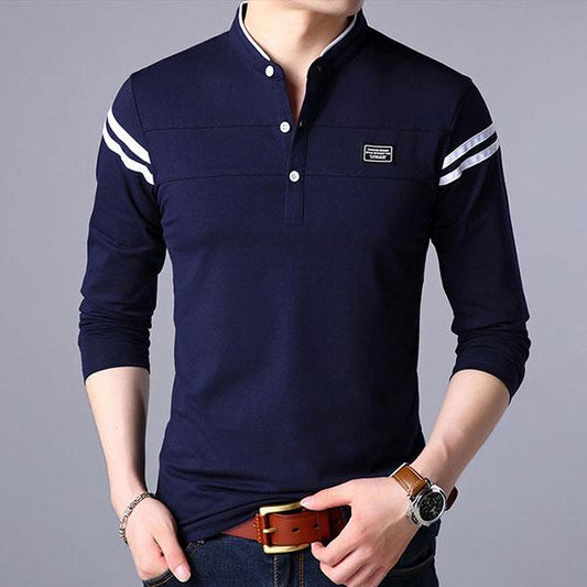 Men's Long-sleeved Polo Shirt Stand Collar Lapel Stripes Sweatshirt Bottoming Shirt Loose Casual Solid Color Shirt