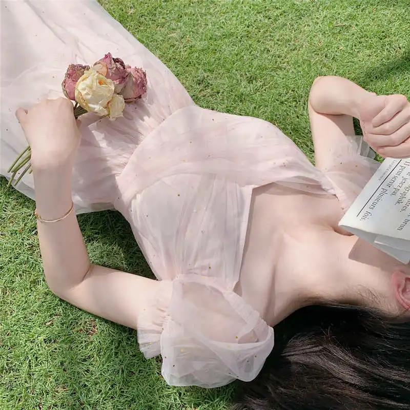 Female Blue Pink Halo Dyed Mesh Elegant Holiday Dress Vintage Slim Super Fairy Bandage Party Dress