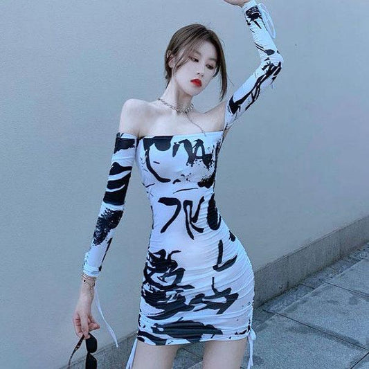 Female One Shoulder Ink Painting Long Sleeve A-line Party Dress Elegant Slim Club Dress