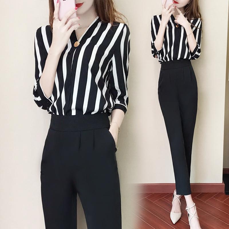 Temperament Suit Two-piece Suit V-neck Long-sleeved Striped Shirt Slimming Suit Pants Two-piece Suit Work Suit Ladies Two-piece Suit