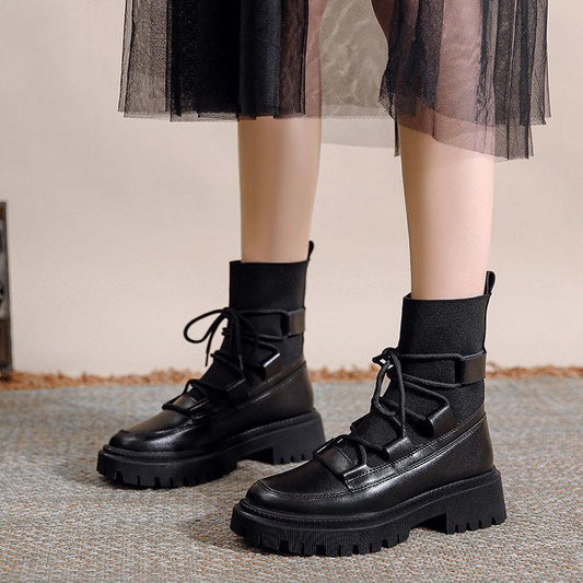 Autumn Winter Women's Boots Black White Ankle Boots Knit PU Leather Short Booties Woman Fall Shoes Punk Goth Shoes