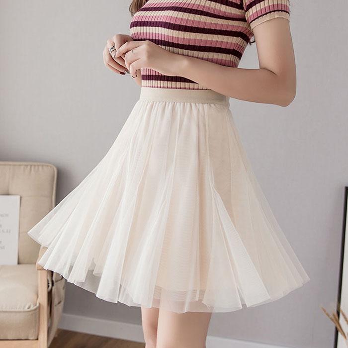 Pofulove Women Anti-light Mesh Skirt Elasticated Waist Thin Ballet Bag Hip Skirts Mini A-line Skirt