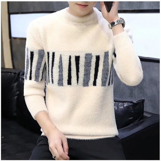 Men's Mink Fleece Crew Neck Sweater Korean Style Autumn and Winter Slim Knit Sweater Shirt Pullover Printing Long Sleeves Top Shirt Soft Sweater
