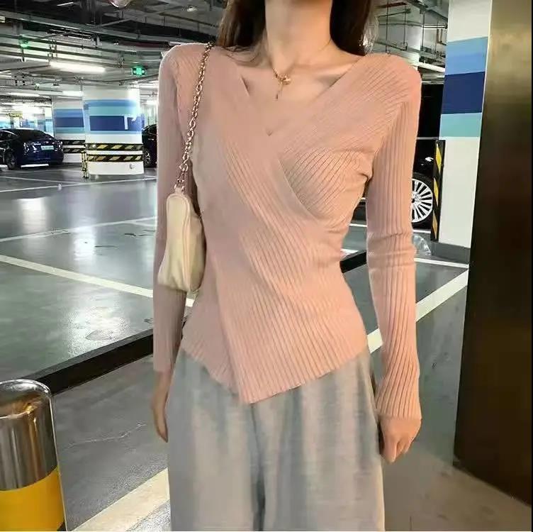 Women V-neck Pullovers Spring Slim Shirts Casual Long Sleeve Tee Temper Elegant Top