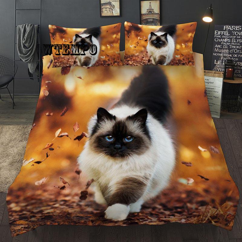 3pcs Cute 3D Autumn Cat Cat Print Duvet Cover Pillow Case Zipper Kids Bedding Set Bedclothes