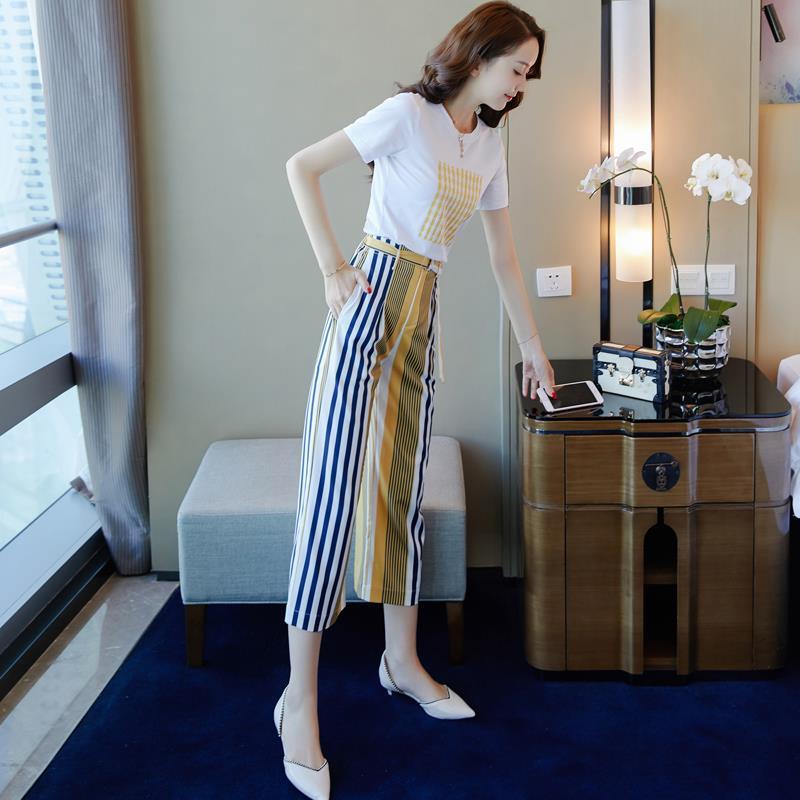 Summer Women's Cotton T-shirt Wide-leg Pants Two-piece Women's Round Neck Short-sleeved T-shirt + Loose Wide-leg Pants Fabric Soft and Sweat-absorbent