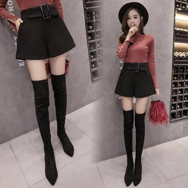 Wool Shorts Women High Waist Wide Leg Shorts Femme Casual Loose Boots Shorts