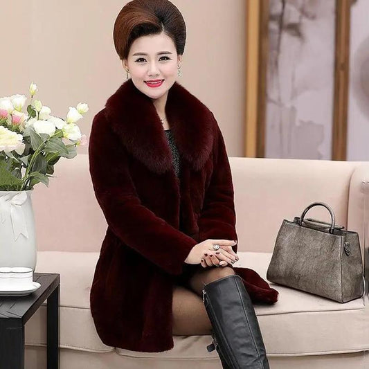 Temperament Faux Fur Mid-length Faux Rex Rabbit Fur Warmth and Slim Slim Fur Coat Imitation Fox Fur Collar Warm Cotton Coat