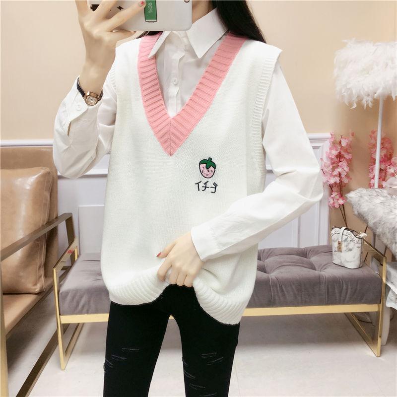 Student College Style V-neck Vest Color Matching Embroidery All-match Knitted Vest Spring and Autumn Outer Sweater Women