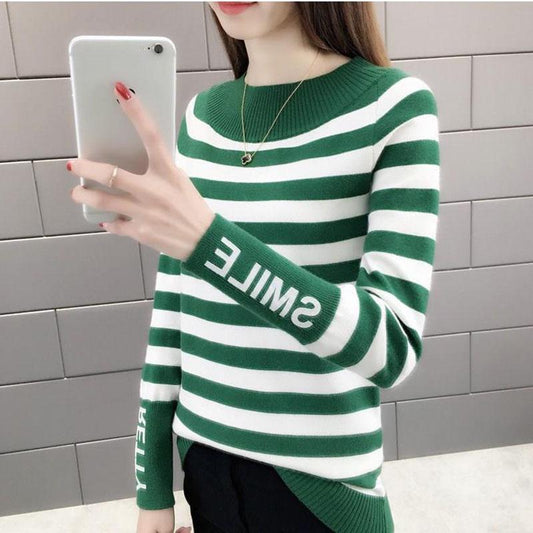 Striped Pattern Sweater Knit Slim Pullover Top for Autumn and Winter Women's Bottoming Shirt