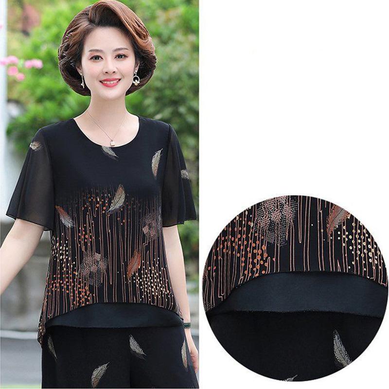 WTEMPO Spring and Summer Women's Plus Size 2pcs Chiffon Shirt Pants Suit Short Sleeve Loose Casual Two-piece Set