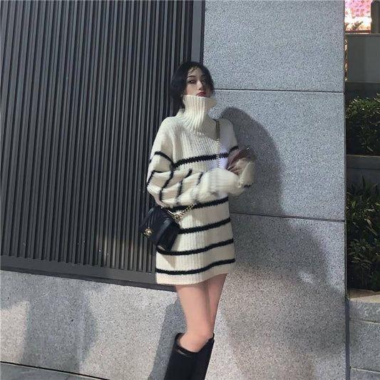 Autumn and Winter Sweater Women's Mid-length Striped Turtleneck Bottoming Shirt Students Slim Sweater Tide