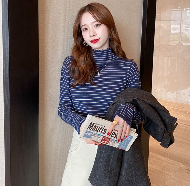 Striped Half Turtleneck Lace Bottoming Shirt Women Skinny Pullover Knit Sweater Fashion Striped Top