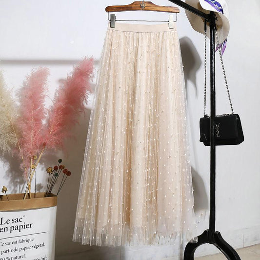 Four Seasons Can Wear Half-length Skirt Female Heavy Industry Beaded Bright Silk Gauze Sweet Fairy Long Skirt Three-layer Fabric A-line Skirt