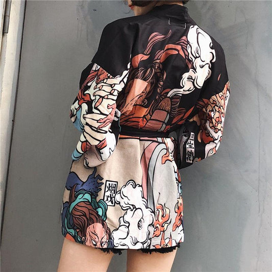 Comic Print Cardigans Japanese Kimono Cardigan Woman Thin College Streetwear Sunscreen Clothes Kimono Coat