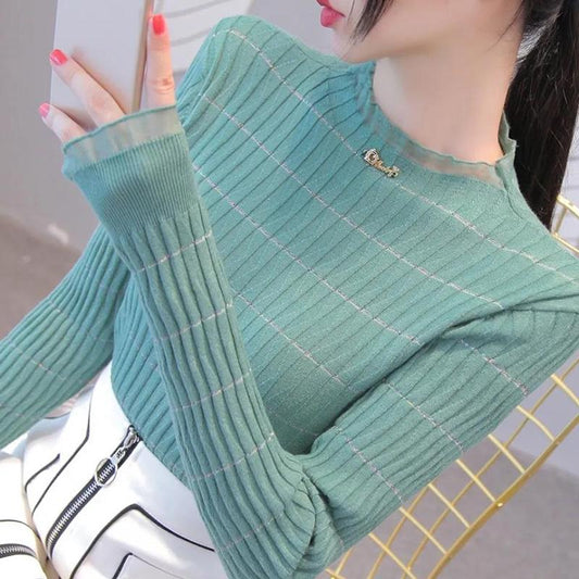 Autumn and Winter Lotus Leaf Collar Long-sleeved Sweater Women's Self-cultivation Bottoming Shirt with Net Gauze and Wood Ears