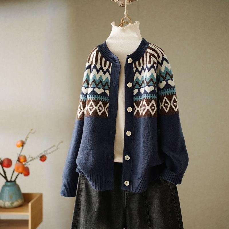 Retro Love Jacquard Round Neck Sweater Loose Ethnic Style Sweater Cardigan Jacket Long-sleeved Warm Casual Jacket