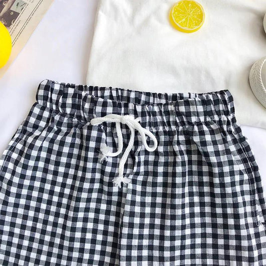 High Waist Plaid Suit Shorts Slimming Pajama Pants A-line Wide-leg Pants Loose Casual Pants Women