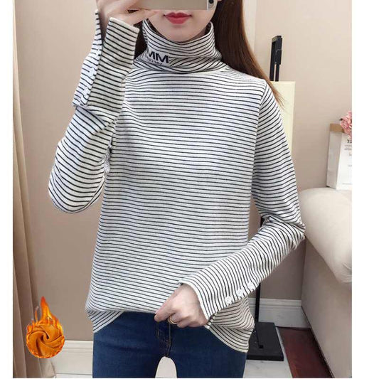Thick Striped Sweater Loose Long Sleeve High Neck Bottoming Blouse