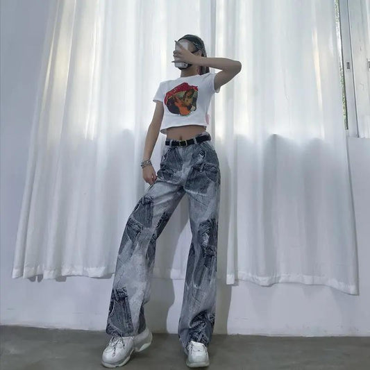 Hip-hop Personality Jeans for Men and Women 2022 Spring and Autumn New High-waisted Trousers Waist Printing Retro Casual All-match Wide-leg Pants