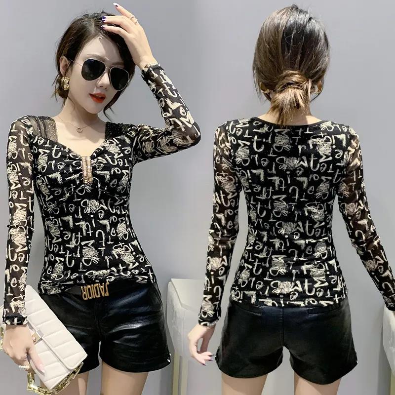 Women's Sexy Mesh Long Sleeve Bottoming Shirt V-Neck Diamond Slim Fit Bright Silk Top