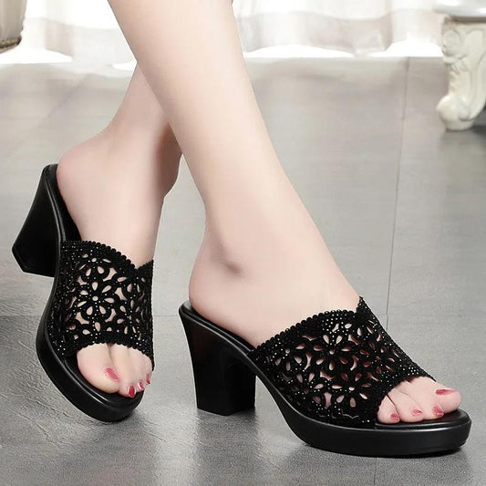 Slippers Women's Rhinestone Hollowed-out Semi-trailer High-heeled Sandals Medium-heeled Women's Shoes All-match Flip-flop Sandals