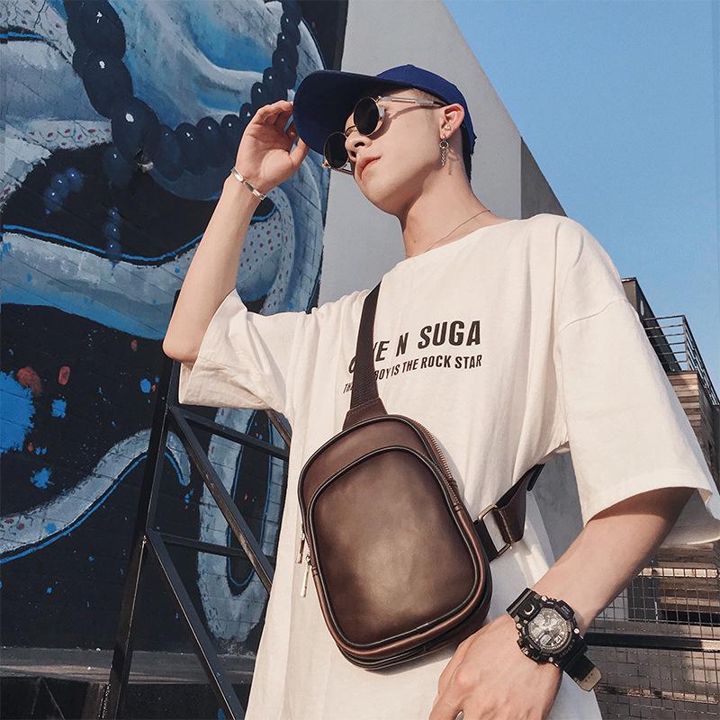 Retro Chest Bag Men Coffee Soft Leather Large-capacity Pockets Outdoor Sports Fitness Shoulder Bag