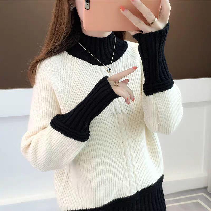 Autumn and Winter Cropped Sweater Pullover Loose Color Matching Jacket Half High Neck Knitted Female Top