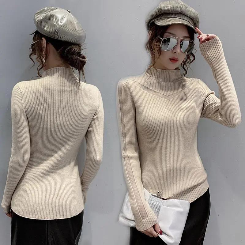 Half Turtleneck Pullover Sweater Women's Sheer Long Sleeve Knit Sweater Skinny Stretch Bottoming Shirt