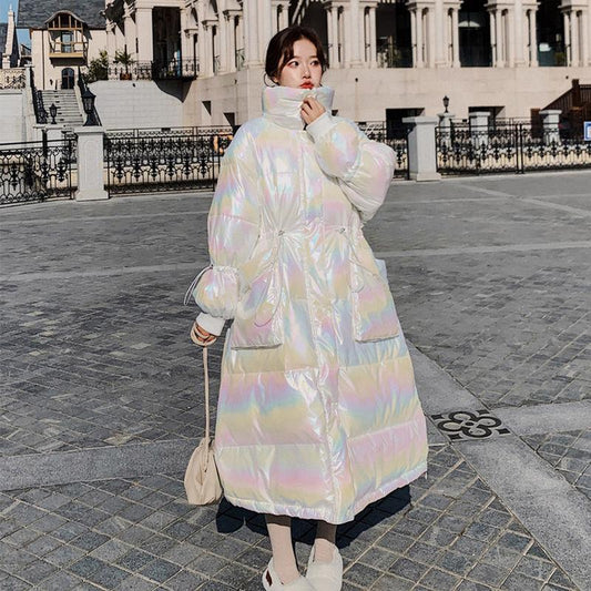 Bread Coat Cotton-padded Jacket Women's Winter Loose Stand-up Collar Without Hood Mid-length Thickened Shiny Down Padded Jacket Winter Warm Jacket